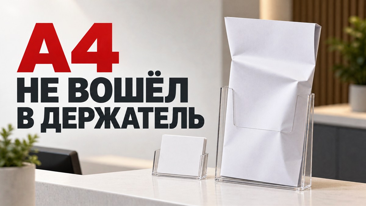Сложенный лист А4 в слишком маленьком прозрачном держателе на стойке