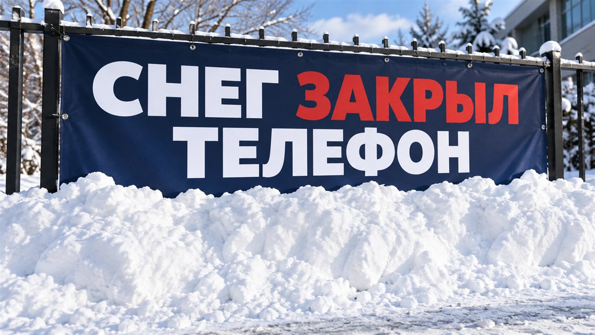 Снежный вал закрывает нижнюю строку с телефоном на уличном баннере