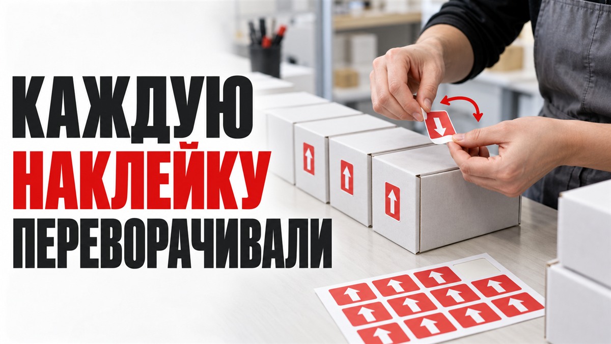 Работник переворачивает наклейку перед нанесением на коробку