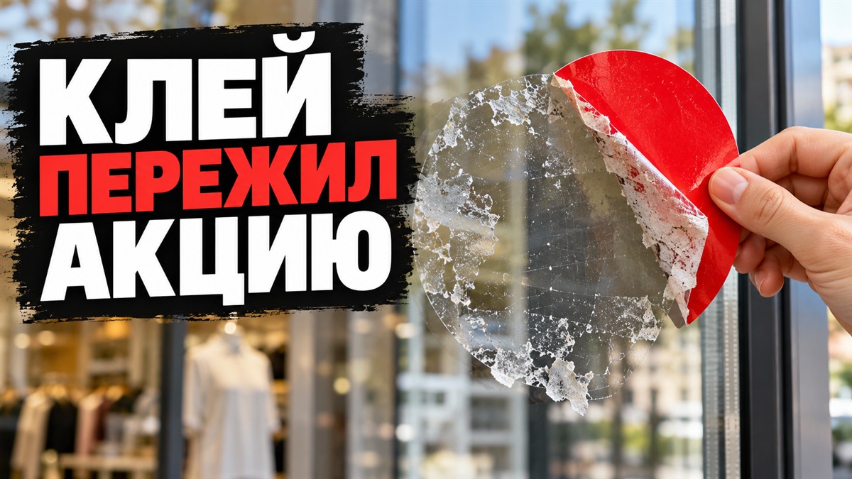 С витринного стекла снимают промонаклейку, оставившую липкий след