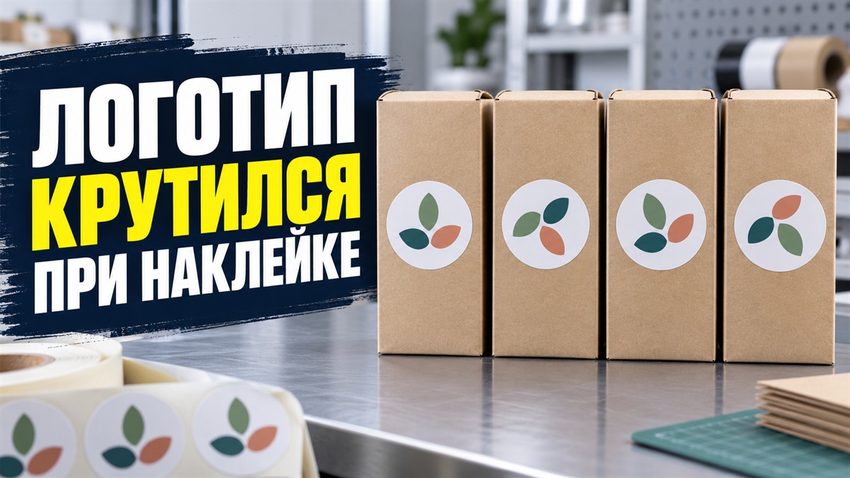 Одинаковые круглые наклейки нанесены на коробки с разным поворотом логотипа