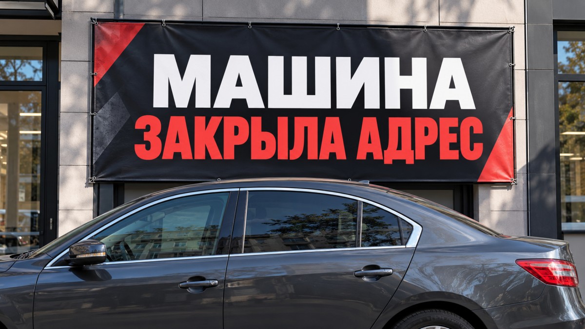 Припаркованная машина перекрывает нижнюю строку с адресом на фасадном баннере
