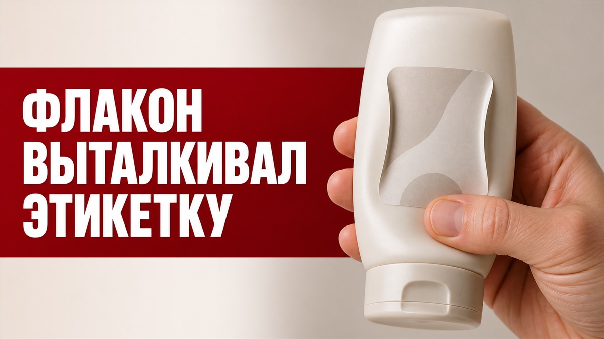 Края жёсткой этикетки поднимаются на сжимаемом мягком флаконе