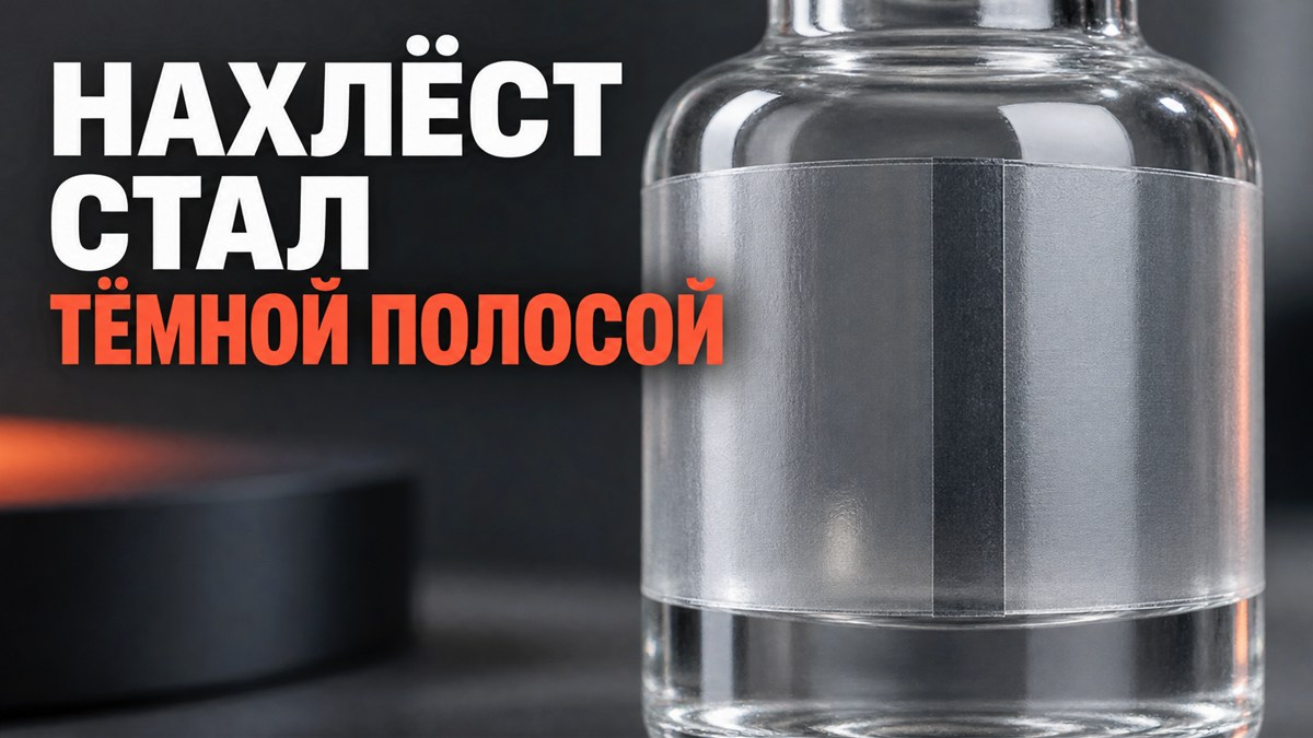 Прозрачная круговая этикетка образует тёмную полосу в месте нахлёста на бутылке