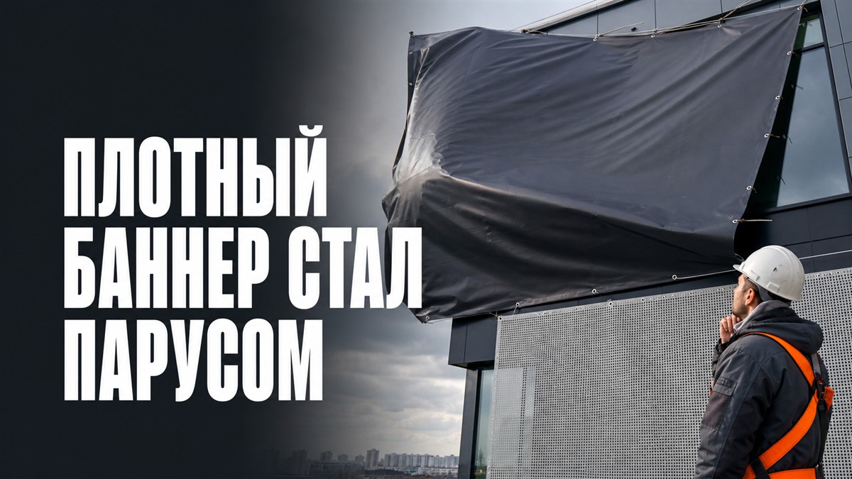Плотный фасадный баннер под ветром работает как парус, рядом показана баннерная сетка