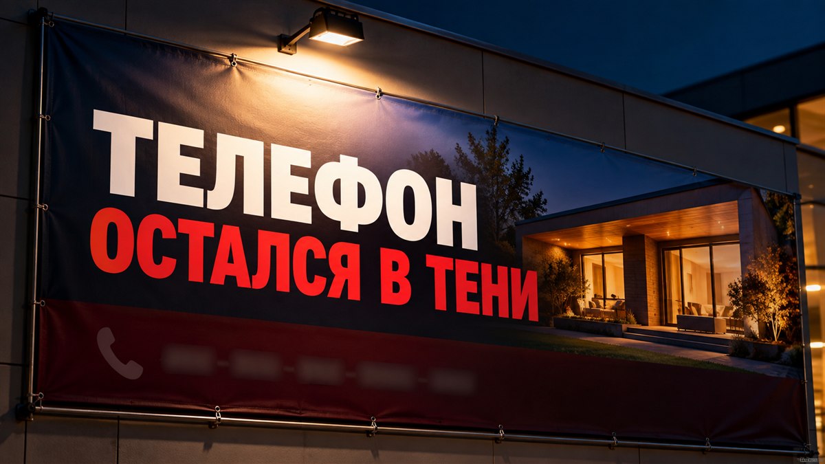 Прожектор освещает верх баннера, а строка с телефоном остаётся в тени
