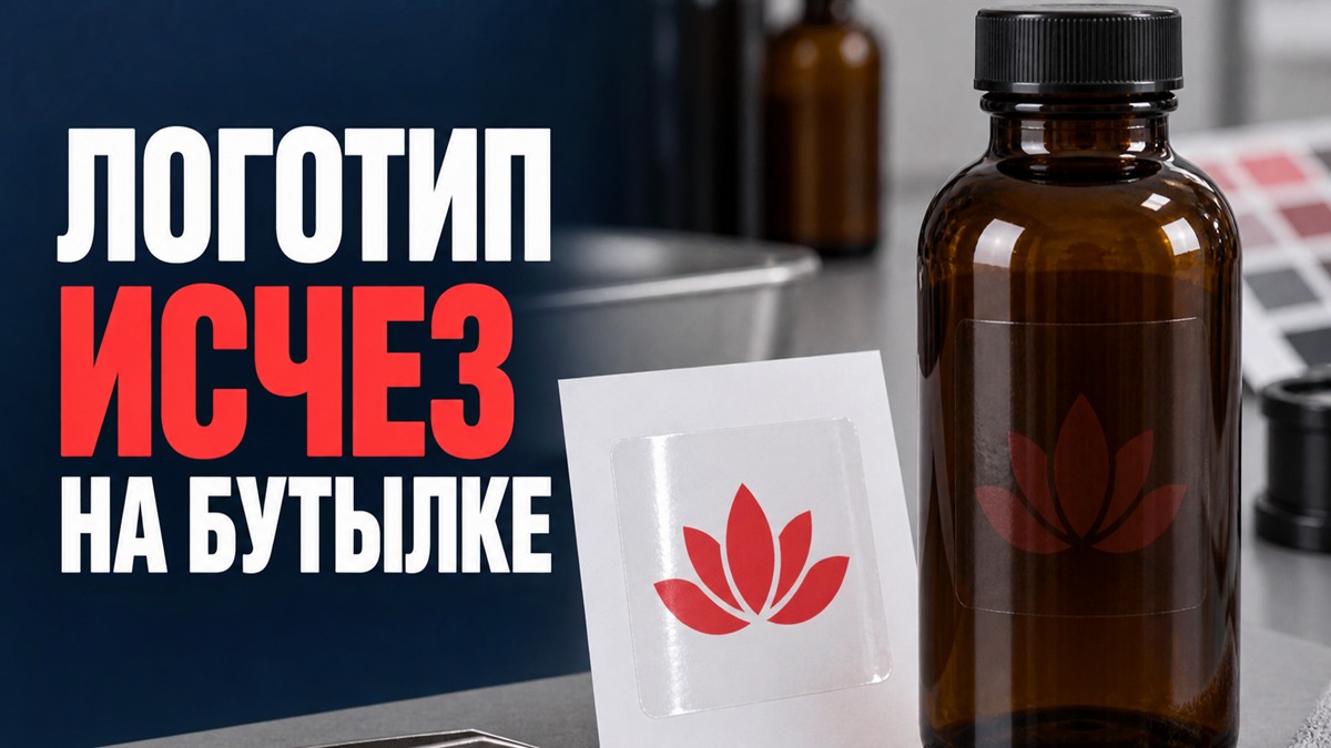 Красный логотип на прозрачной этикетке яркий на белой карточке и почти незаметен на коричневой бутылке