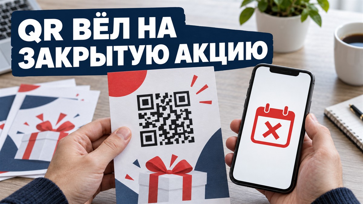 QR-код на рекламной листовке открывает завершённую акцию на смартфоне