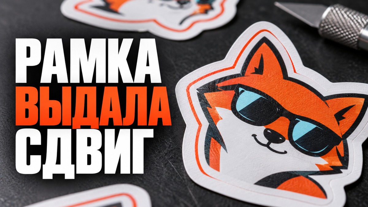 Тонкая рамка на фигурной наклейке подчёркивает смещение относительно линии резки