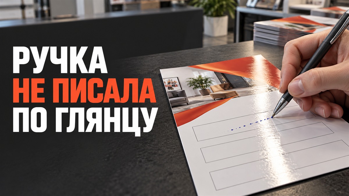 Шариковая ручка пропускает штрихи на глянцевом поле листовки