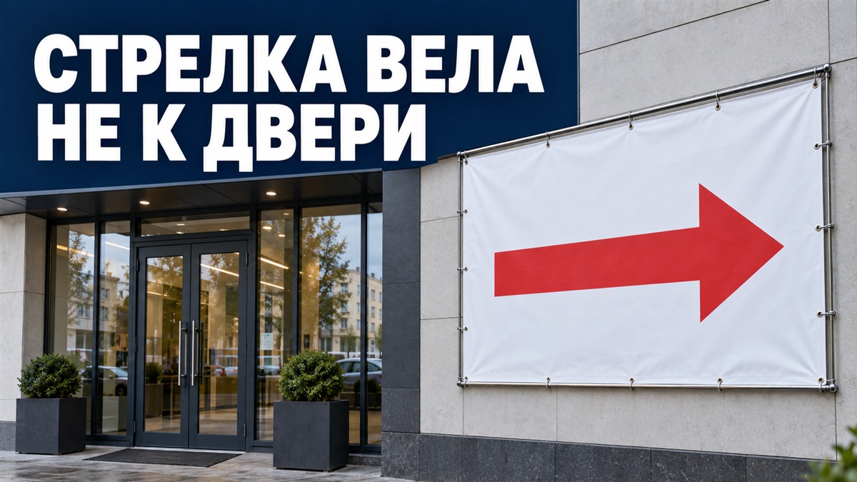 Стрелка на фасадном баннере указывает в сторону от видимой входной двери