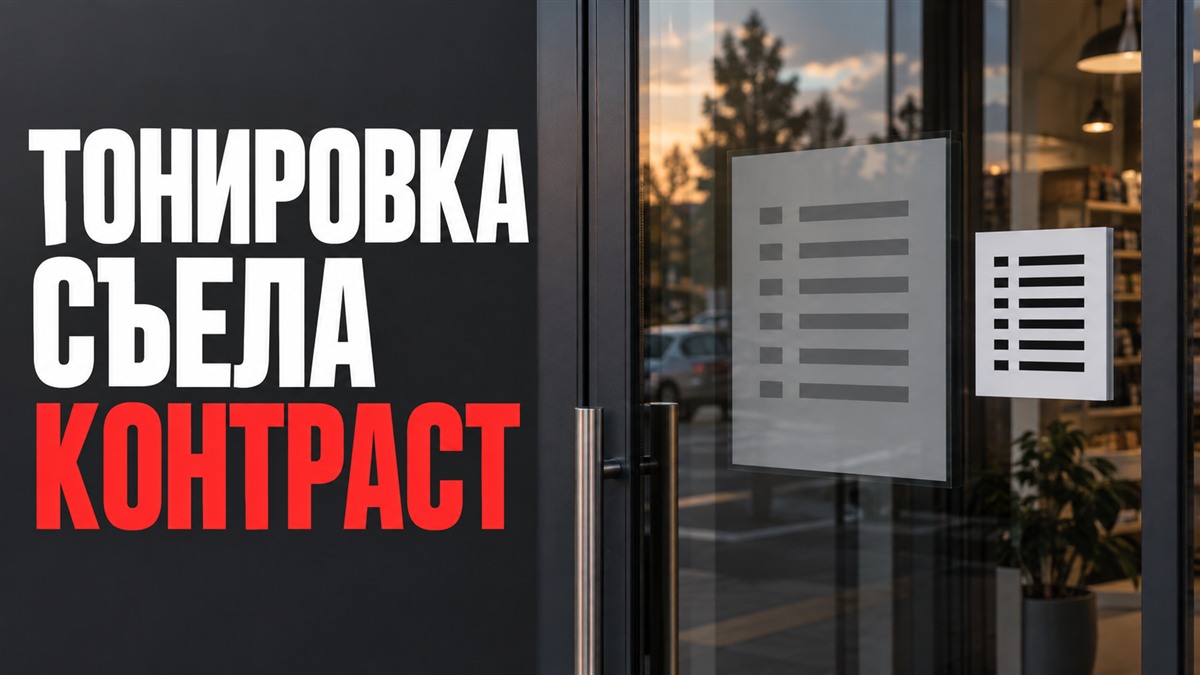 Белая табличка с серыми строками теряет контраст за тонированным стеклом двери