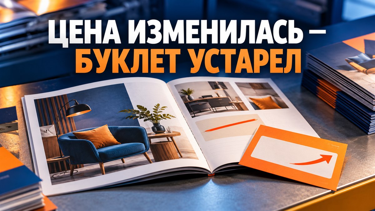 Раскрытый печатный буклет рядом с карточкой обновлённой цены