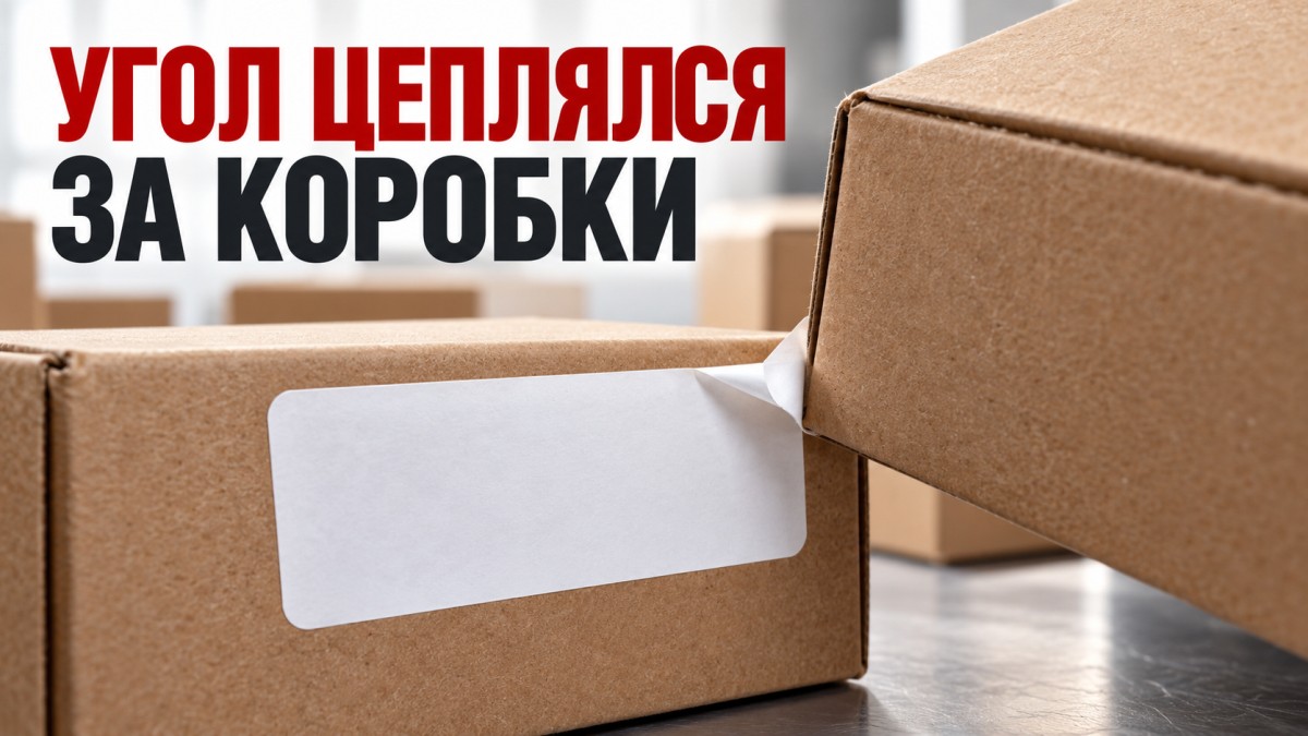 Соседняя картонная коробка подхватывает и поднимает угол наклейки у края упаковки