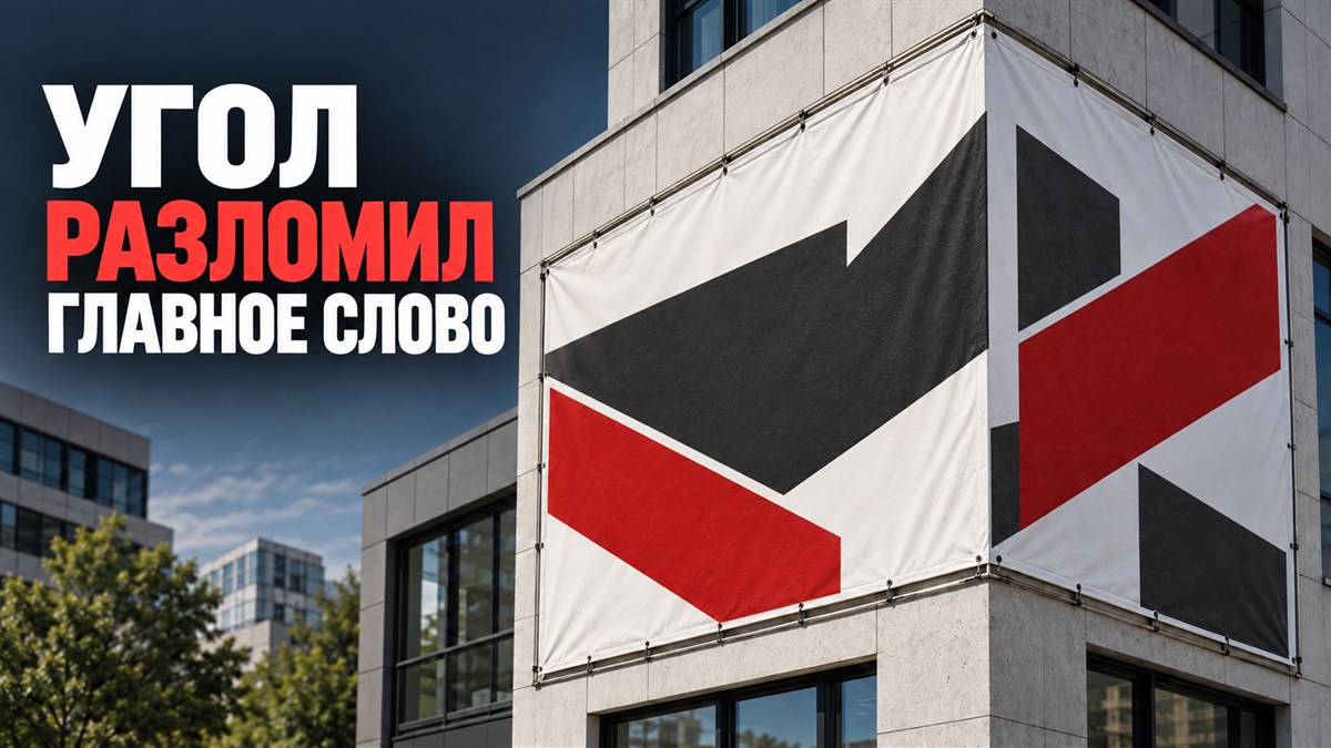 Баннер с абстрактной графикой оборачивает угол здания и делится на две плоскости
