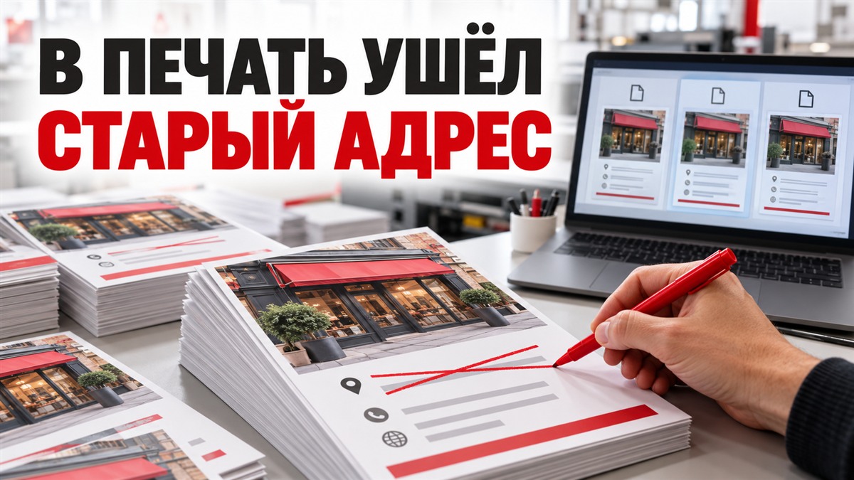 На готовой стопке листовок красным перечёркивают строку со старым адресом