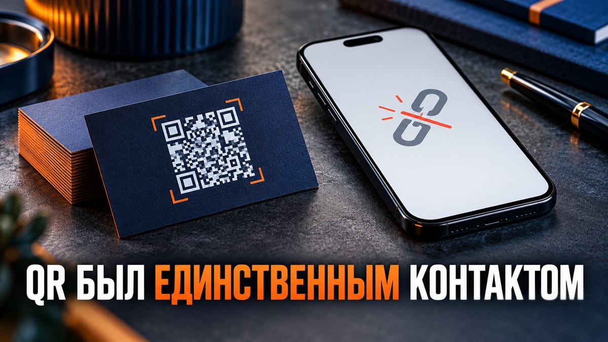 Визитка с QR-кодом рядом со смартфоном, на котором показан разрыв ссылки
