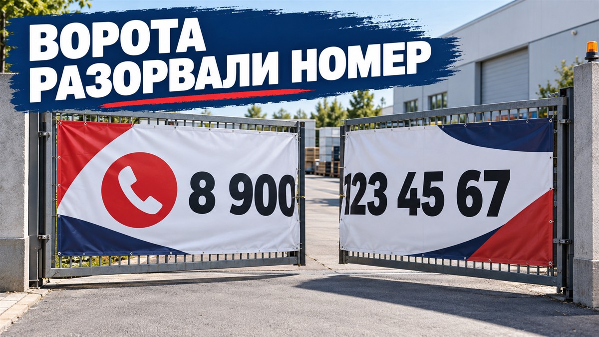 Телефон на баннере разделён между двумя открытыми створками ворот