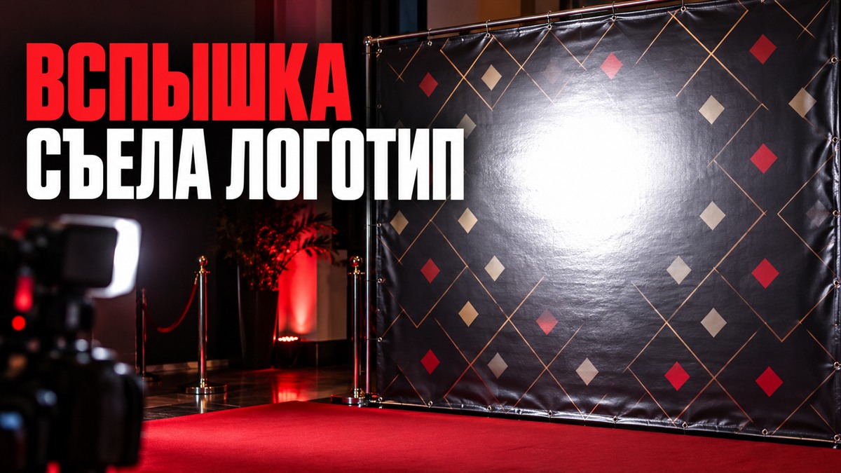 Вспышка камеры создаёт белый блик на глянцевом баннере фотозоны